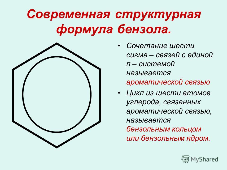 Современная структурная формула бензола. Сочетание шести сигма – связей с единой п – системой называется ароматической связью Цикл из шести атомов углерода, связанных ароматической связью, называется бензольным кольцом или бензольным ядром.