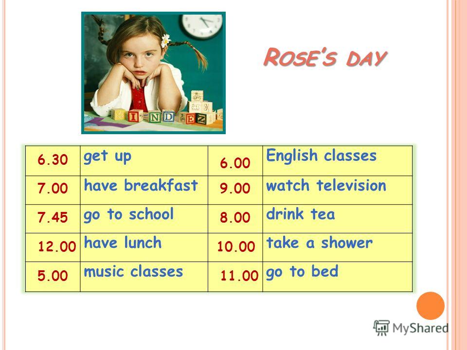 R OSE S DAY 6.30 7.00 7.45 12.00 5.00 6.00 9.00 8.00 10.00 11.00