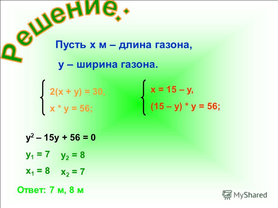 Пусть x м – длина газона, y – ширина газона. 2(x + y) = 30, x * y = 56; x = 15 – y, (15 – y) * y = 56; y 2 – 15y + 56 = 0 y 1 = 7 x 1 = 8 y 2 = 8 x 2 = 7 Ответ: 7 м, 8 м
