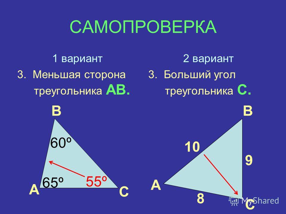 САМОПРОВЕРКА 1 вариант 3. Меньшая сторона треугольника АВ. 2 вариант 3. Больший угол треугольника С. А В С А В С 65º 60º 55º 10 9 8