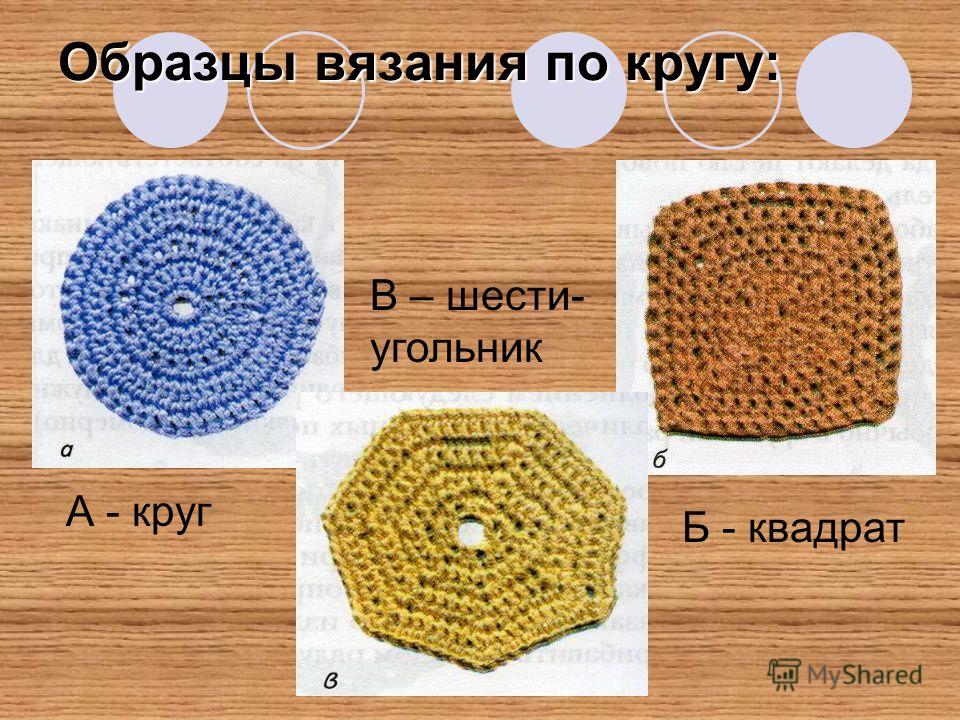 Образцы вязания по кругу: А - круг Б - квадрат В – шести- угольник