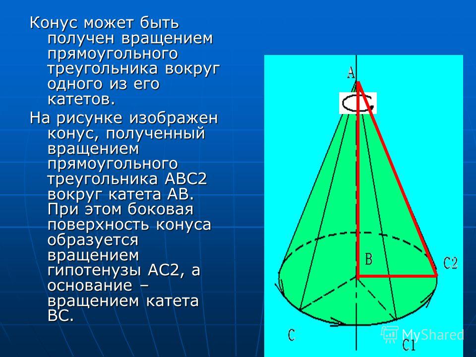 Конус может быть получен вращением прямоугольного треугольника вокруг одного из его катетов. На рисунке изображен конус, полученный вращением прямоугольного треугольника ABC2 вокруг катета AB. При этом боковая поверхность конуса образуется вращением 