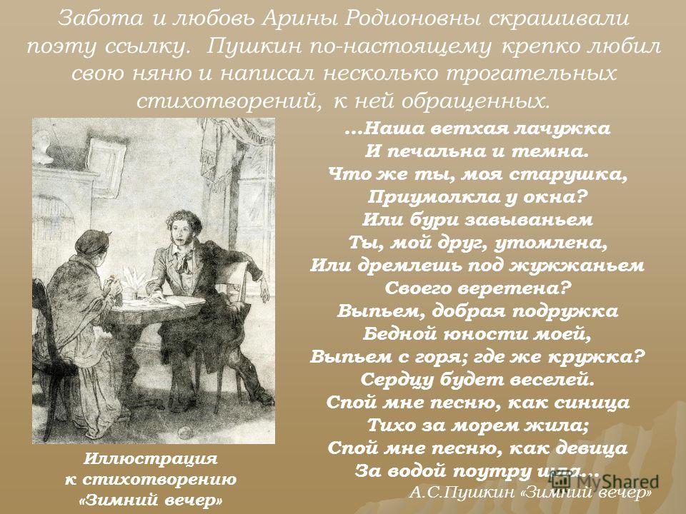 Забота и любовь Арины Родионовны скрашивали поэту ссылку. Пушкин по-настоящему крепко любил свою няню и написал несколько трогательных стихотворений, к ней обращенных. Иллюстрация к стихотворению «Зимний вечер» …Наша ветхая лачужка И печальна и темна