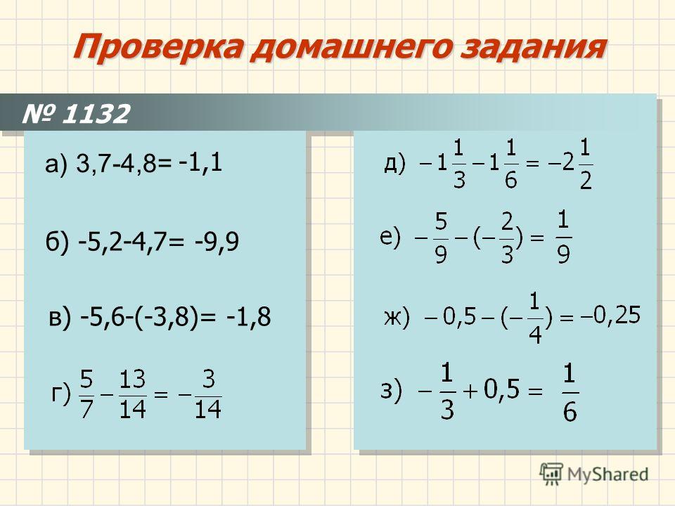 Проверка домашнего задания а) 3,7-4,8= б) -5,2-4,7= в) -5,6-(-3,8)= -1,1 -9,9 -1,8 1132
