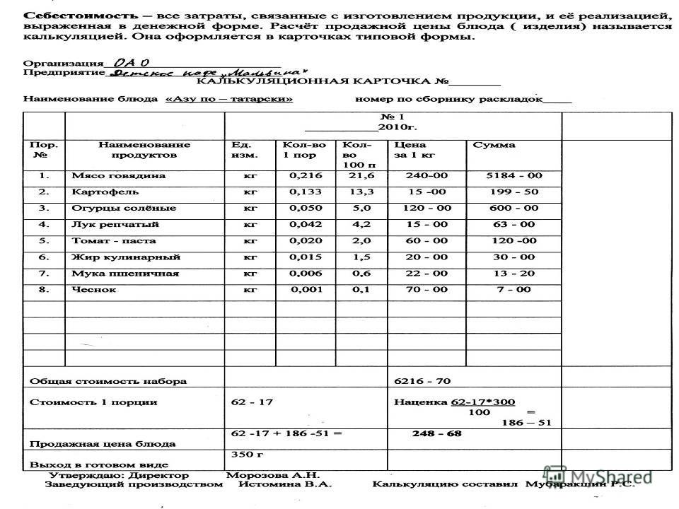 Как сделать калькуляцию блюда пример Как сделать калькуляцию блюда пример