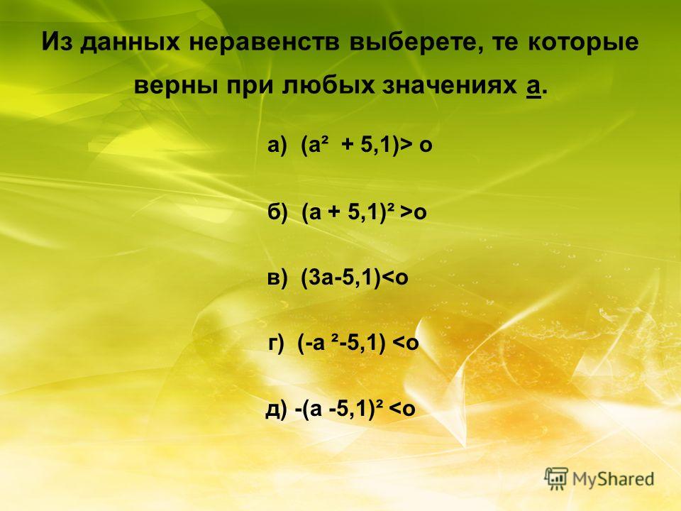 Из данных неравенств выберете, те которые верны при любых значениях а. а) (а² + 5,1)> o б) (a + 5,1)² >o в) (3a-5,1)