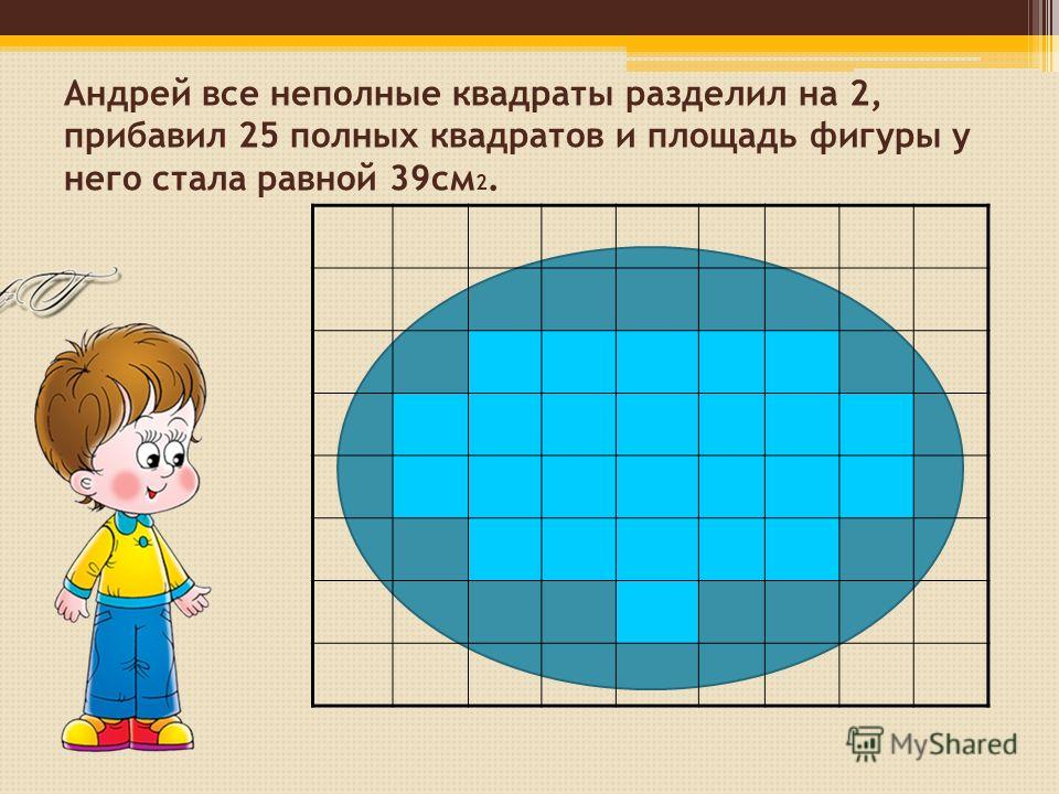 Андрей все неполные квадраты разделил на 2, прибавил 25 полных квадратов и площадь фигуры у него стала равной 39см 2.