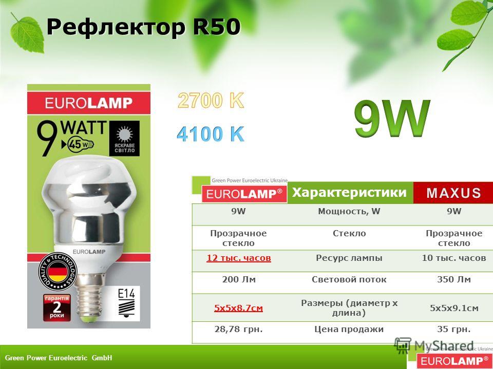 Характеристики 9W9WМощность, W9W Прозрачное стекло СтеклоПрозрачное стекло 12 тыс. часовРесурс лампы10 тыс. часов 200 ЛмСветовой поток350 Лм 5x5x8.7см Размеры (диаметр х длина) 5x5x9.1см 28,78 грн.Цена продажи35 грн. Рефлектор R50 Green Power Euroele