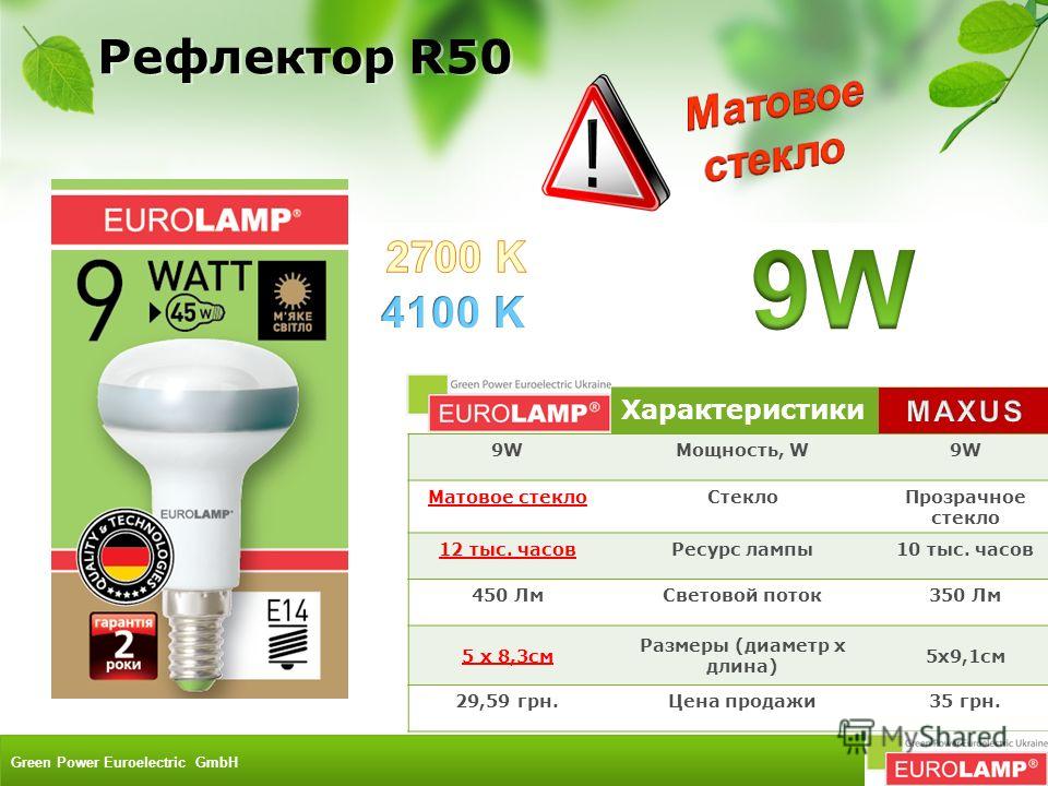Характеристики 9W9WМощность, W9W Матовое стеклоСтеклоПрозрачное стекло 12 тыс. часовРесурс лампы10 тыс. часов 450 ЛмСветовой поток350 Лм 5 х 8,3см Размеры (диаметр х длина) 5х9,1см 29,59 грн.Цена продажи35 грн. Рефлектор R50 Green Power Euroelectric 