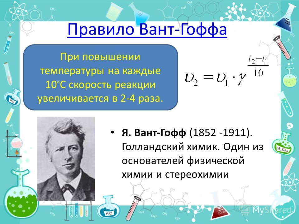 Правило Вант-Гоффа Я. Вант-Гофф (1852 -1911). Голландский химик. Один из основателей физической химии и стереохимии При повышении температуры на каждые 10 С скорость реакции увеличивается в 2-4 раза.