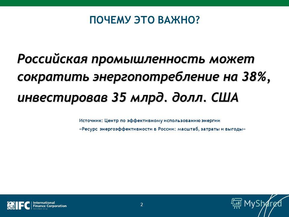 2 ПОЧЕМУ ЭТО ВАЖНО? Российская промышленность может сократить энергопотребление на 38%, инвестировав 35 млрд. долл. США Источник: Центр по эффективному использованию энергии «Ресурс энергоэффективности в России: масштаб, затраты и выгоды»