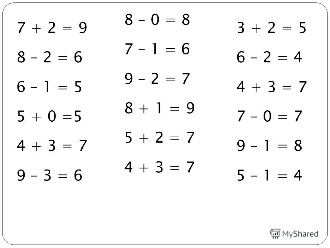 8 – 0 = 8 7 – 1 = 6 9 – 2 = 7 8 + 1 = 9 5 + 2 = 7 4 + 3 = 7 7 + 2 = 9 8 – 2 = 6 6 – 1 = 5 5 + 0 =5 4 + 3 = 7 9 – 3 = 6 3 + 2 = 5 6 – 2 = 4 4 + 3 = 7 7 – 0 = 7 9 – 1 = 8 5 – 1 = 4