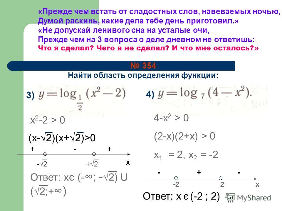 354 Найти область определения функции: 3) 4) x 2 -2 > 0 x 2 > 2 x > ±2 Ответ: x (- ; - 2) U (2;+) 1,2 4-x 2 > 0 (2-x)(2+x) > 0 x 1 = 2, x 2 = -2 э э Ответ: x (-; -2) U (2;+) + - + -2 2 x э + - + -2 2 x Ответ: x (-; -2) U (2;+) x > ±2 1,2 «Прежде чем 