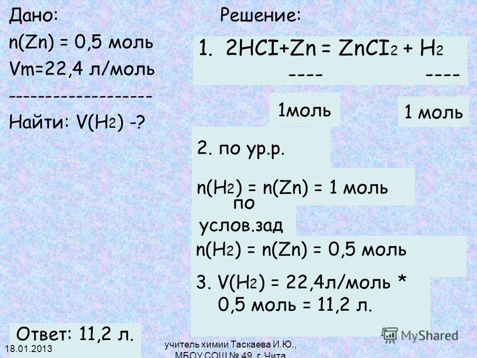 Дано: Решение: n(Zn) = 0,5 моль Vm=22,4 л/моль ------------------- Найти: V(H 2 ) -? 1.2HCI+Zn = ZnCI 2 + H 2 ---- ---- 1моль 2. по ур.р. n(H 2 ) = n(Zn) = 1 моль по услов.зад. n(H 2 ) = n(Zn) = 0,5 моль 3. V(H 2 ) = 22,4л/моль * 0,5 моль = 11,2 л. О