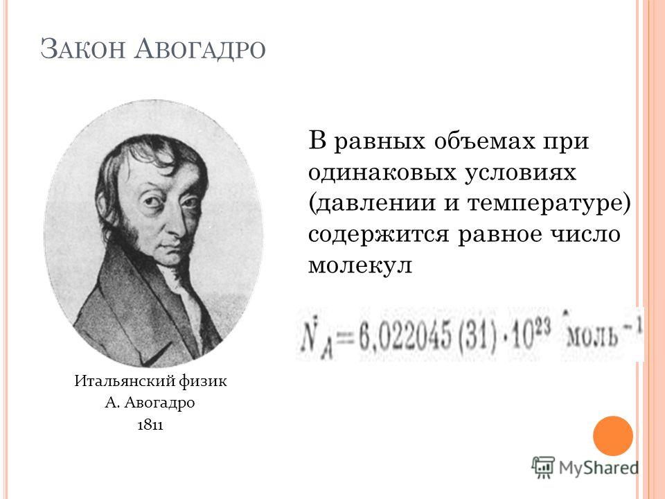 З АКОН А ВОГАДРО В равных объемах при одинаковых условиях (давлении и температуре) содержится равное число молекул Итальянский физик А. Авогадро 1811