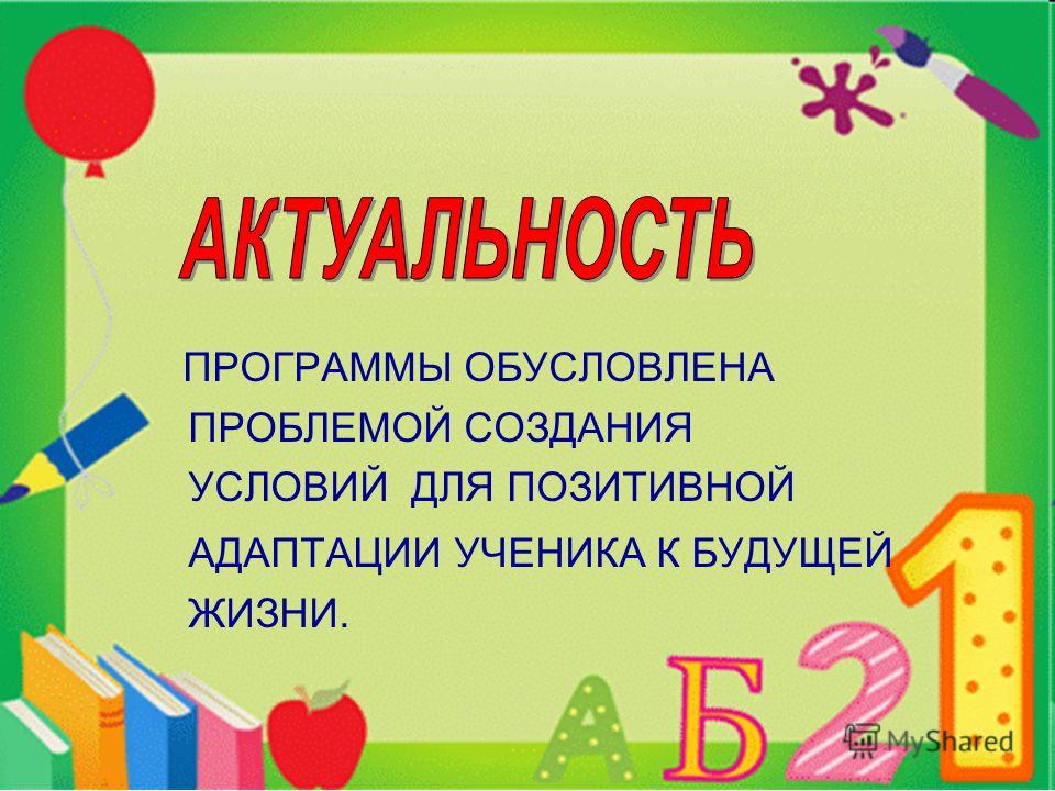 ПРОГРАММЫ ОБУСЛОВЛЕНА ПРОБЛЕМОЙ СОЗДАНИЯ УСЛОВИЙ ДЛЯ ПОЗИТИВНОЙ АДАПТАЦИИ УЧЕНИКА К БУДУЩЕЙ ЖИЗНИ.