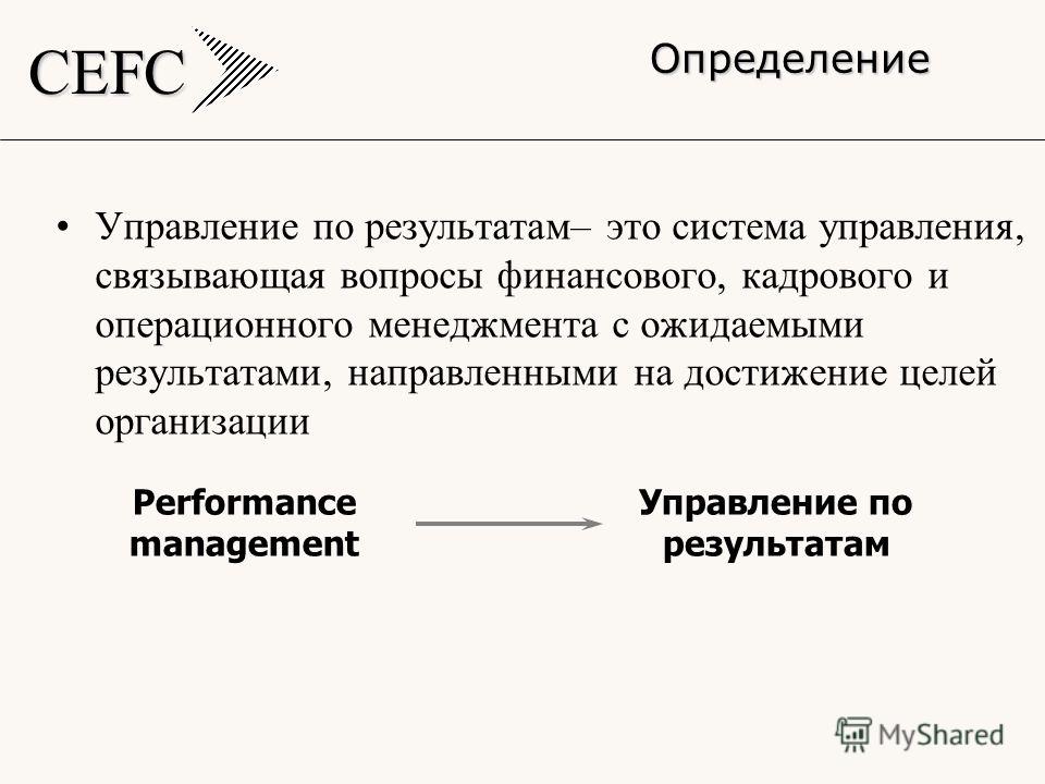 CEFC Определение Управление по результатам– это система управления, связывающая вопросы финансового, кадрового и операционного менеджмента с ожидаемыми результатами, направленными на достижение целей организации Performance management Управление по р
