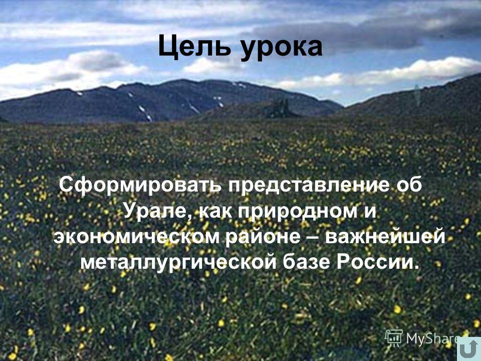 Цель урока Сформировать представление об Урале, как природном и экономическом районе – важнейшей металлургической базе России.