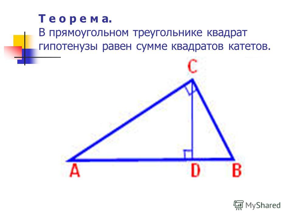 Т е о р е м а. В прямоугольном треугольнике квадрат гипотенузы равен сумме квадратов катетов.
