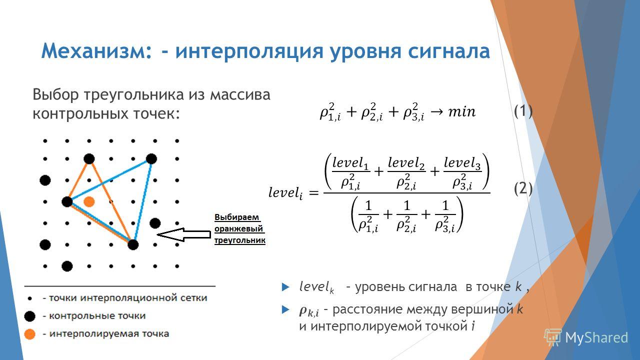 Механизм: - интерполяция уровня сигнала Выбор треугольника из массива контрольных точек: (1) (2)