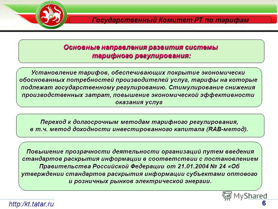 http:/kt.tatar.ru 6 Государственный Комитет РТ по тарифам Основные направления развития системы тарифного регулирования: Установление тарифов, обеспечивающих покрытие экономически обоснованных потребностей производителей услуг, тарифы на которые подл