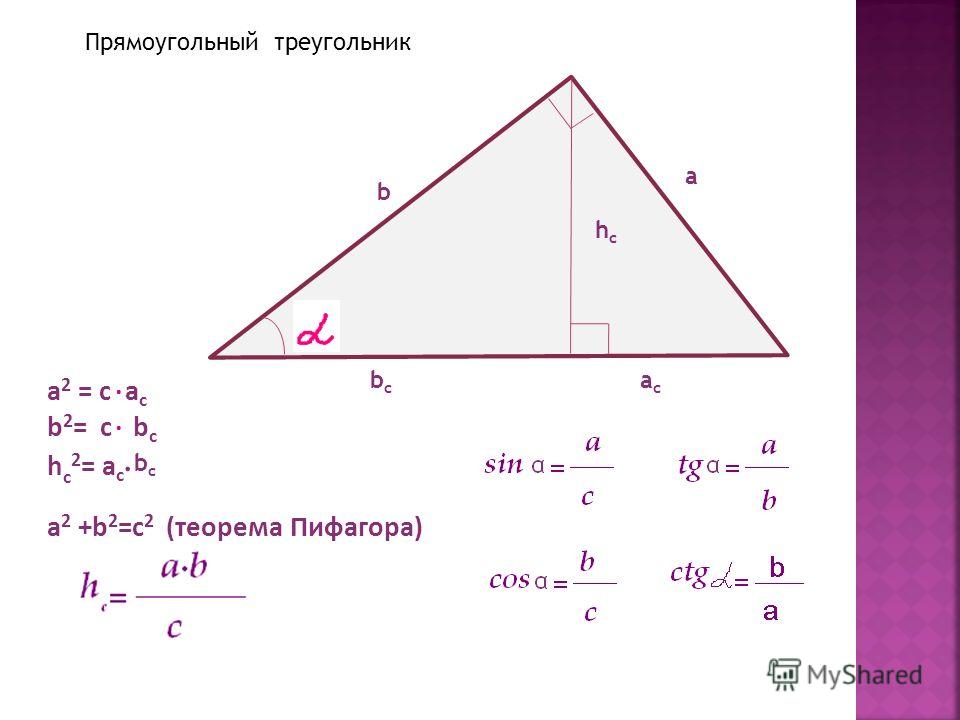 Прямоугольный треугольник b a hchc bcbc acac a 2 = c a c b 2 = c b c ·· ·· h c 2 = a c a 2 +b 2 =c 2 (теорема Пифагора).bc.bc