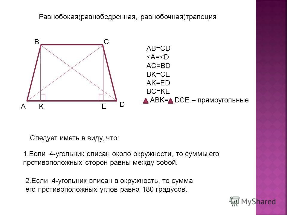 Равнобокая(равнобедренная, равнобочная)трапеция A BC D K E AB=CD 