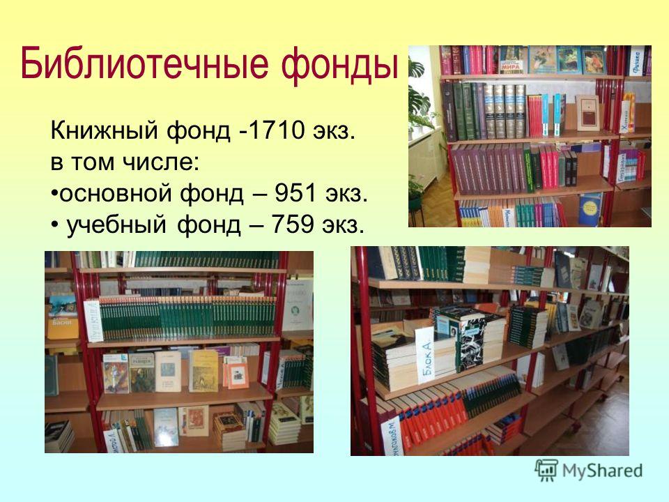 Библиотечные фонды Книжный фонд -1710 экз. в том числе: основной фонд – 951 экз. учебный фонд – 759 экз.