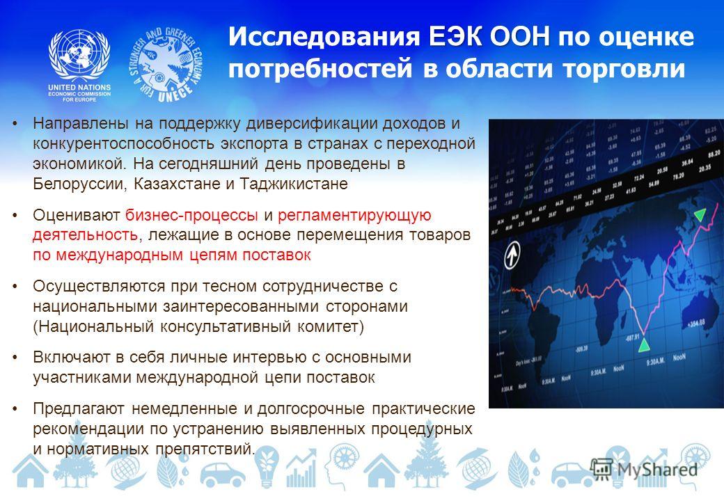 ЕЭК ООН Исследования ЕЭК ООН по оценке потребностей в области торговли Направлены на поддержку диверсификации доходов и конкурентоспособность экспорта в странах с переходной экономикой. На сегодняшний день проведены в Белоруссии, Казахстане и Таджики