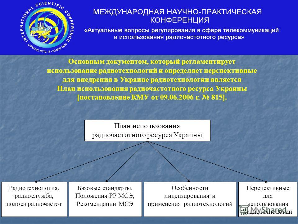 Основным документом, который регламентирует использование радиотехнологий и определяет перспективные для внедрения в Украине радиотехнологии является План использования радиочастотного ресурса Украины [постановление КМУ от 09.06.2006 г. 815]. План ис