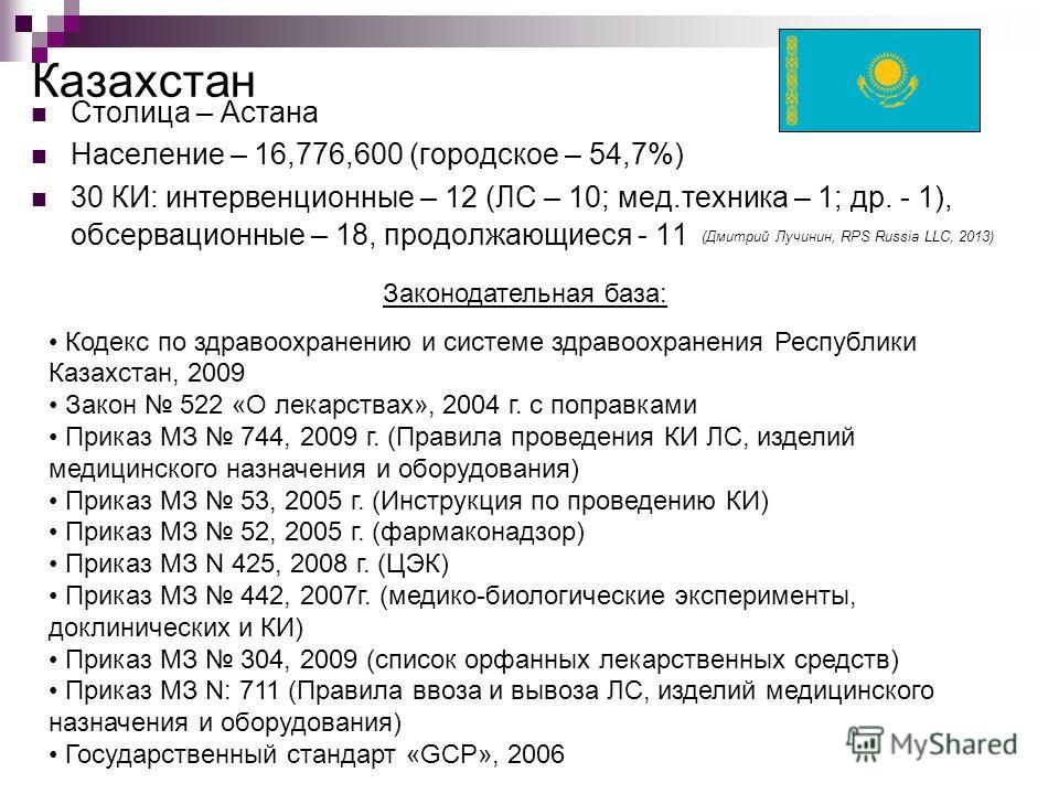 Казахстан Столица – Астана Население – 16,776,600 (городское – 54,7%) 30 КИ: интервенционные – 12 (ЛС – 10; мед.техника – 1; др. - 1), обсервационные – 18, продолжающиеся - 11 Законодательная база: Кодекс по здравоохранению и системе здравоохранения 
