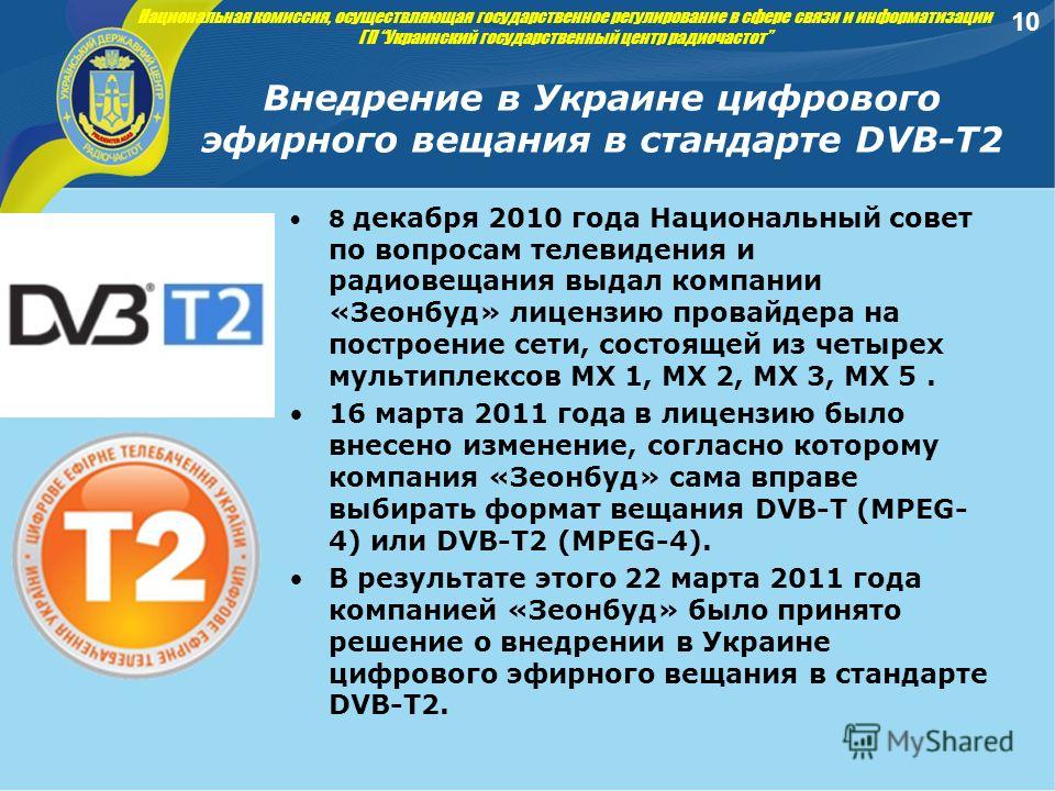 Внедрение в Украине цифрового эфирного вещания в стандарте DVB-T2 8 декабря 2010 года Национальный совет по вопросам телевидения и радиовещания выдал компании «Зеонбуд» лицензию провайдера на построение сети, состоящей из четырех мультиплексов МХ 1, 