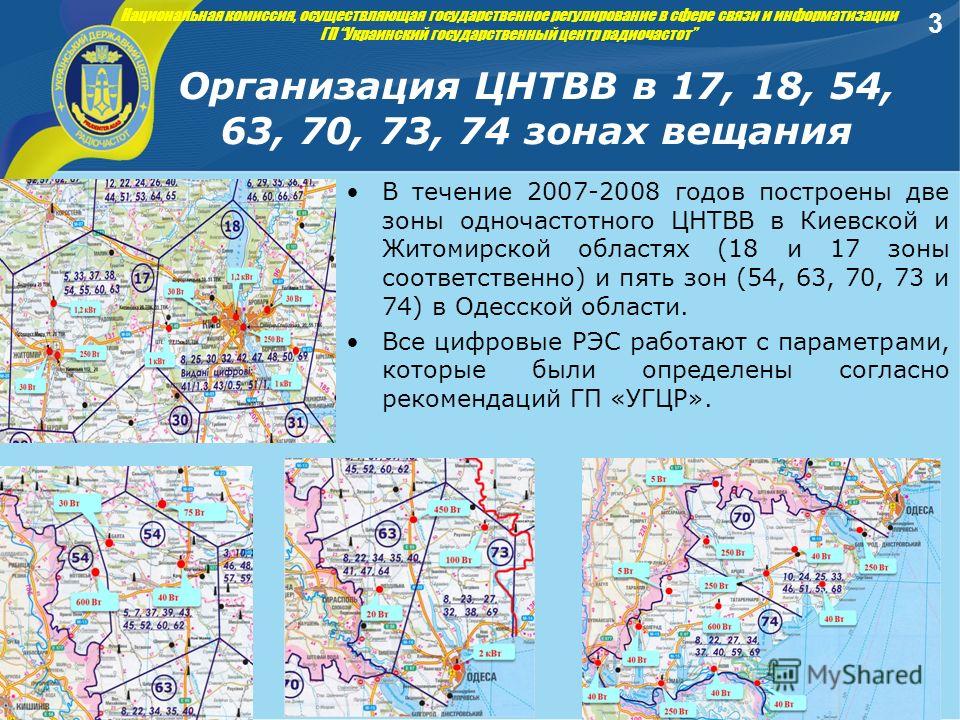 Организация ЦНТВВ в 17, 18, 54, 63, 70, 73, 74 зонах вещания В течение 2007-2008 годов построены две зоны одночастотного ЦНТВВ в Киевской и Житомирской областях (18 и 17 зоны соответственно) и пять зон (54, 63, 70, 73 и 74) в Одесской области. Все ци
