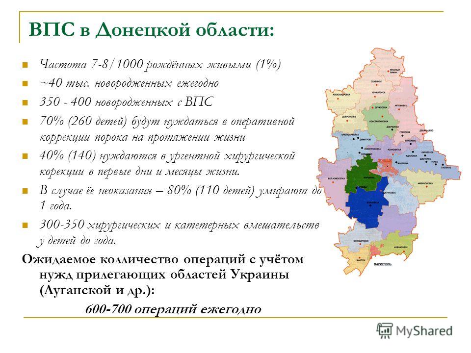 ВПС в Донецкой области: Частота 7-8/1000 рождённых живыми (1%) ~40 тыс. новородженных ежегодно 350 - 400 новородженных с ВПС 70% (260 детей) будут нуждаться в оперативной коррекции порока на протяжении жизни 40% (140) нуждаются в ургентной хирургичес