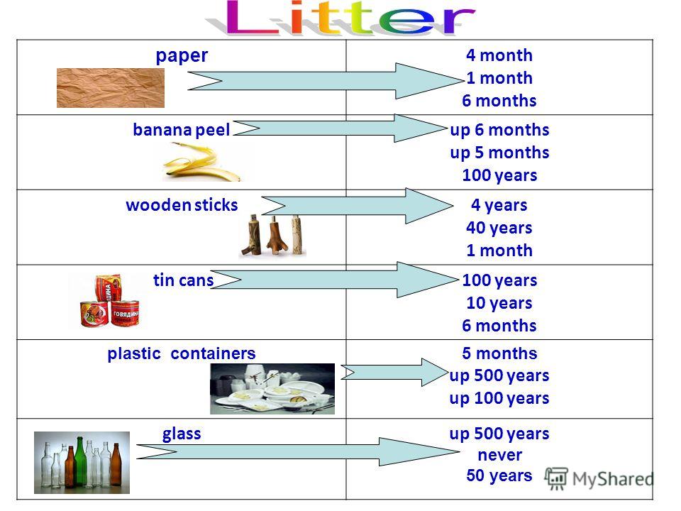 paper 4 month 1 month 6 months banana peelup 6 months up 5 months 100 years wooden sticks4 years 40 years 1 month tin cans100 years 10 years 6 months plastic containers5 months up 500 years up 100 years glassup 500 years never 50 years