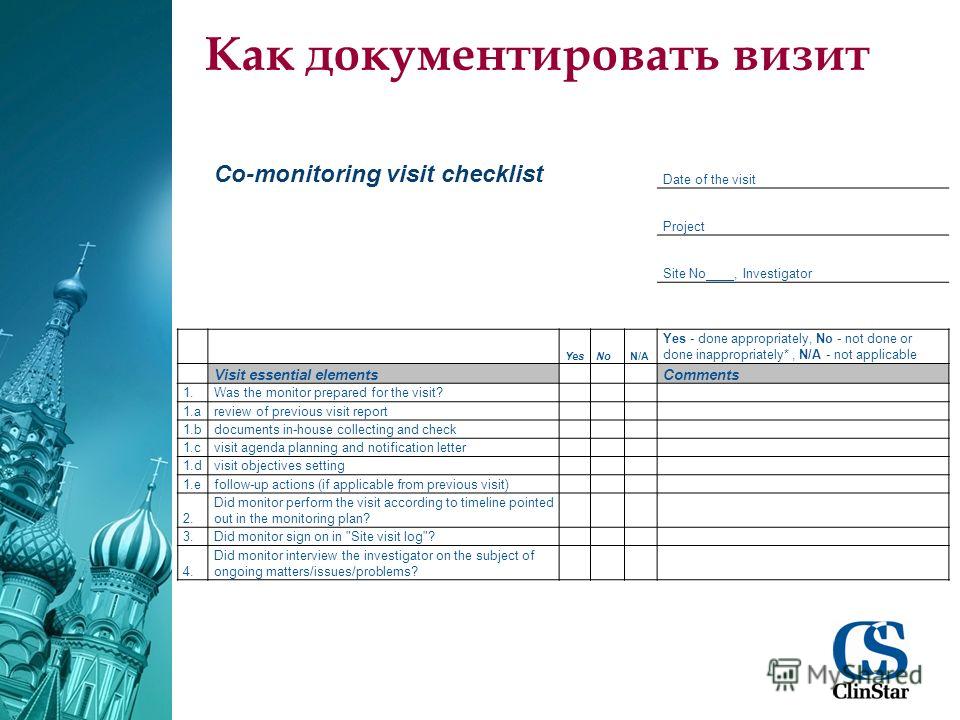 Как документировать визит Co-monitoring visit checklist Date of the visit Project Site No____, Investigator YesNoN/A Yes - done appropriately, No - not done or done inappropriately*, N/A - not applicable Visit essential elements Comments 1.Was the mo