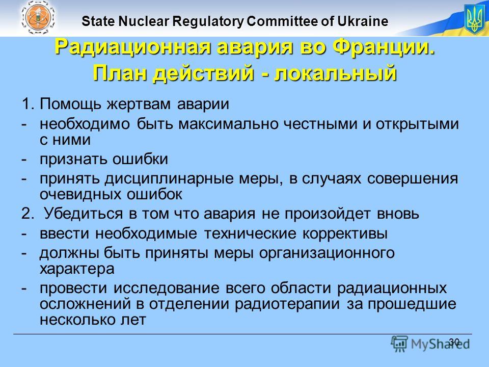 State Nuclear Regulatory Committee of Ukraine 30 1.Помощь жертвам аварии - необходимо быть максимально честными и открытыми с ними -признать ошибки -принять дисциплинарные меры, в случаях совершения очевидных ошибок 2. Убедиться в том что авария не п