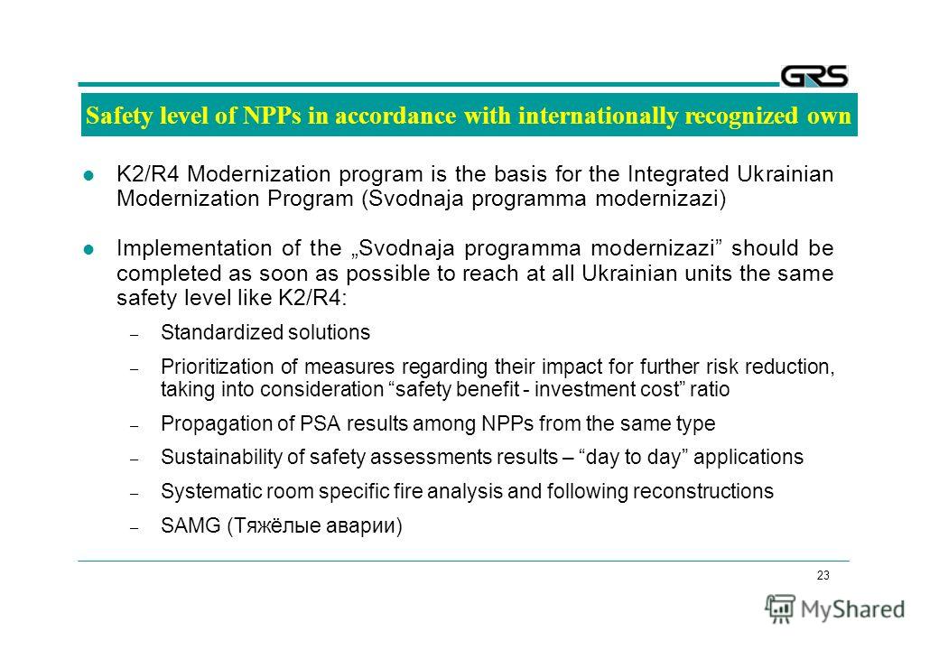 23 Safety level of NPPs in accordance with internationally recognized own K2/R4 Modernization program is the basis for the Integrated Ukrainian Modernization Program (Svodnaja programma modernizazi) Implementation of the Svodnaja programma modernizaz