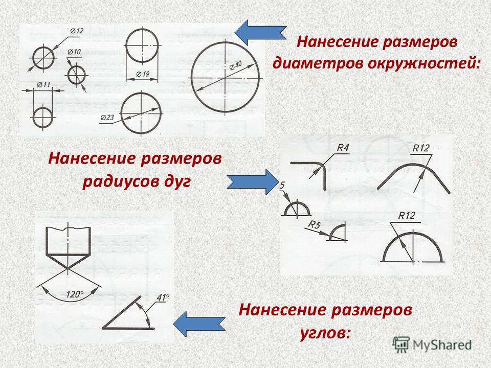 Нанесение размеров радиусов дуг Нанесение размеров углов: Нанесение размеров диаметров окружностей: