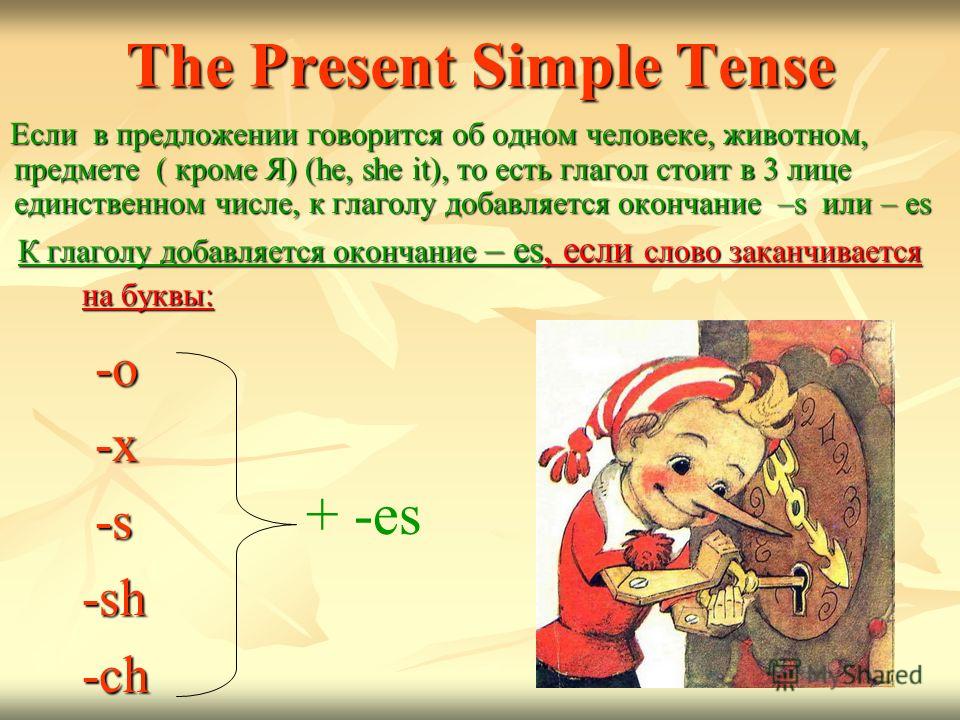 The Present Simple Tense -o -o -x -x -s -s -sh -sh -ch -ch Если в предложении говорится об одном человеке, животном, предмете ( кроме Я) (he, she it), то есть глагол стоит в 3 лице единственном числе, к глаголу добавляется окончание –s или – es Если 