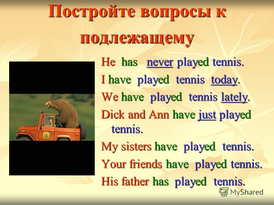 Постройте вопросы к подлежащему He has never played tennis. I have played tennis today. We have played tennis lately. Dick and Ann have just played tennis. My sisters have played tennis. Your friends have played tennis. His father has played tennis.