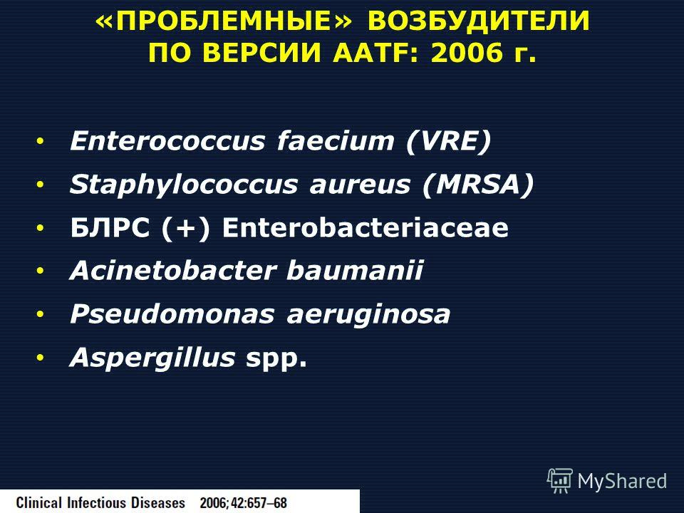 Enterococcus faecium (VRE) Staphylococcus aureus (MRSA) БЛРС (+) Enterobacteriaceae Acinetobacter baumanii Pseudomonas aeruginosa Aspergillus spp. «ПРОБЛЕМНЫЕ» ВОЗБУДИТЕЛИ ПО ВЕРСИИ AATF: 2006 г.