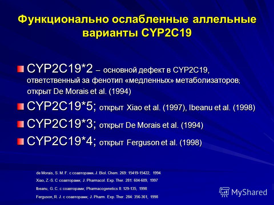 Функционально ослабленные аллельные варианты CYP2C19 CYP2C19*2 – основной дефект в CYP2C19, ответственный за фенотип «медленных» метаболизаторов ; открыт De Morais et al. (1994) открыт De Morais et al. (1994) CYP2C19*5; открыт Xiao et al. (1997), Ibe