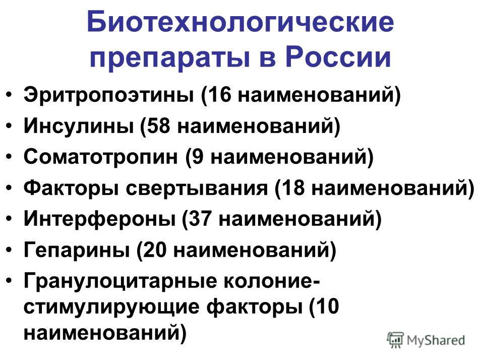 Биотехнологические препараты в России Эритропоэтины (16 наименований) Инсулины (58 наименований) Соматотропин (9 наименований) Факторы свертывания (18 наименований) Интерфероны (37 наименований) Гепарины (20 наименований) Гранулоцитарные колоние- сти