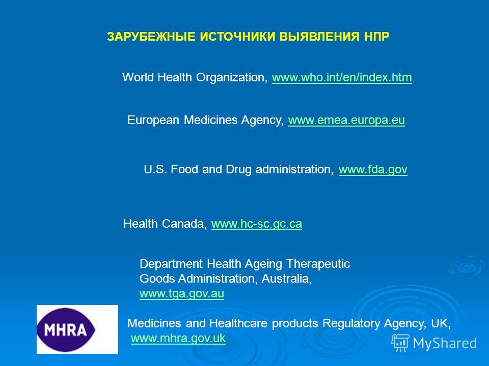 ЗАРУБЕЖНЫЕ ИСТОЧНИКИ ВЫЯВЛЕНИЯ НПР U.S. Food and Drug administration, www.fda.govwww.fda.gov European Medicines Agency, www.emea.europa.euwww.emea.europa.eu Health Canada, www.hc-sc.gc.cawww.hc-sc.gc.ca Department Health Ageing Therapeutic Goods Admi