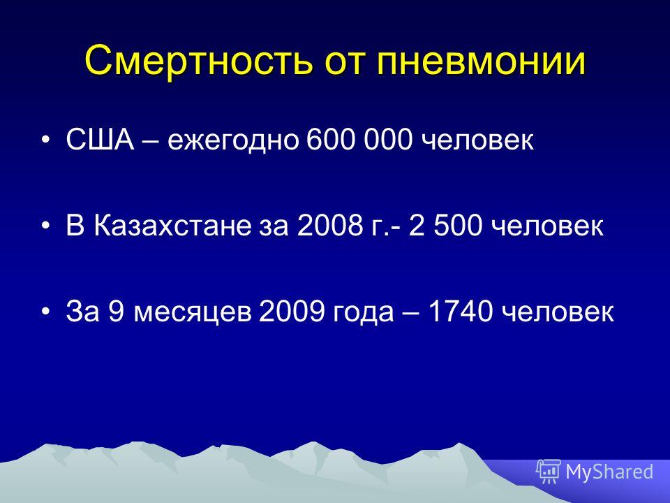 Смертность от пневмонии США – ежегодно 600 000 человек В Казахстане за 2008 г.- 2 500 человек За 9 месяцев 2009 года – 1740 человек