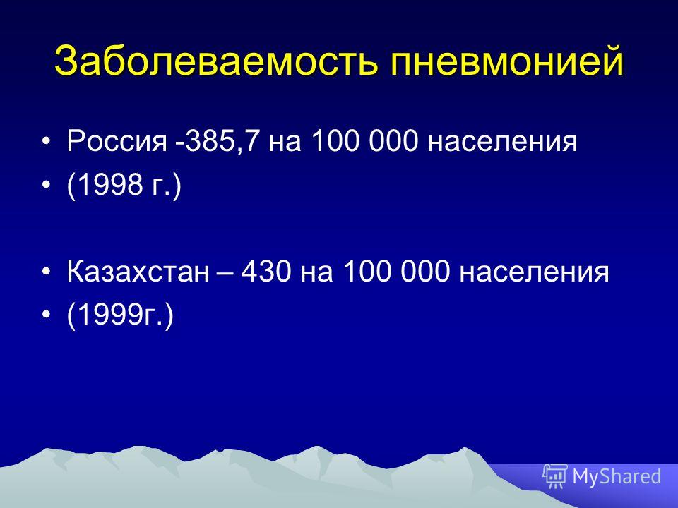 Заболеваемость пневмонией Россия -385,7 на 100 000 населения (1998 г.) Казахстан – 430 на 100 000 населения (1999г.)