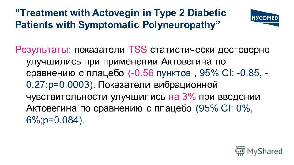 Footer (нижний колонтитул): Arial 9 pt Treatment with Actovegin in Type 2 Diabetic Patients with Symptomatic Polyneuropathy Результаты: показатели TSS статистически достоверно улучшились при применении Актовегина по сравнению с плацебо (-0.56 пунктов
