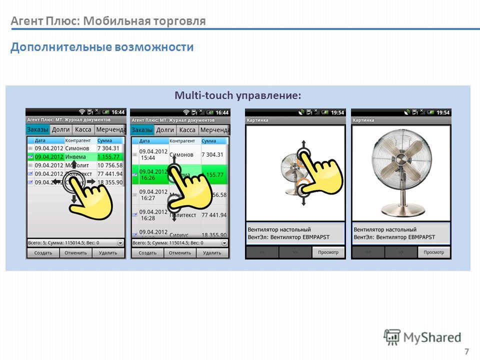 7 Дополнительные возможности Multi-touch управление: Агент Плюс: Мобильная торговля
