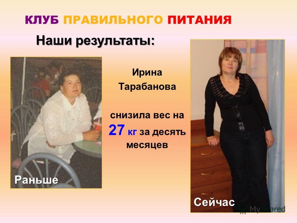 Ирина Тарабанова снизила вес на 27 кг за десять месяцев Наши результаты: Раньше Сейчас